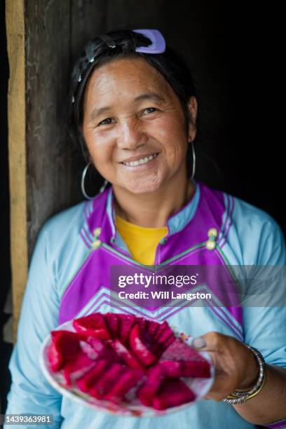 vietnamese minority woman with dragon fruit homestay sapa - hmong village stock pictures, royalty-free photos & images