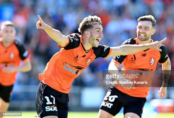 Carlo Armiento of the Roar celebrates after scoring a goal during the round five A-League Men's match between Brisbane Roar and Sydney FC at Moreton...