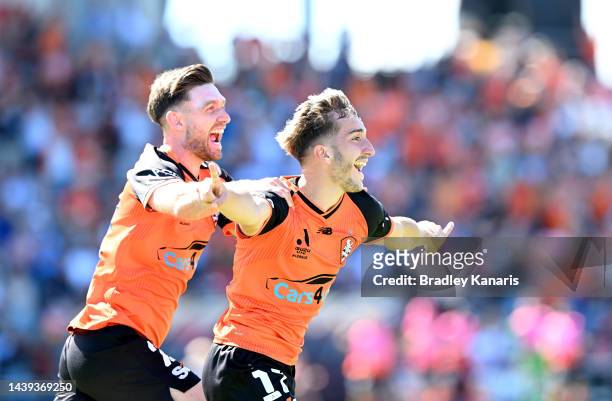 Carlo Armiento of the Roar celebrates after scoring a goal during the round five A-League Men's match between Brisbane Roar and Sydney FC at Moreton...