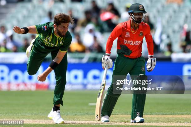 Shaheen Afridi of Pakistan bowls during the ICC Men's T20 World Cup match between Pakistan and Bangladesh at Adelaide Oval on November 06, 2022 in...