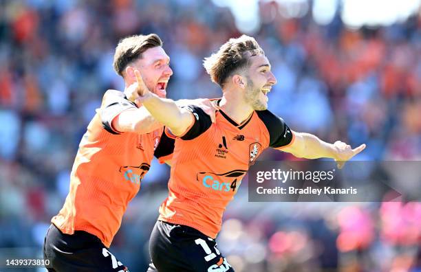 Carlo Armiento of the Roar celebrates after scoring a goal during the round five A-League Men's match between Brisbane Roar and Sydney FC at Moreton...