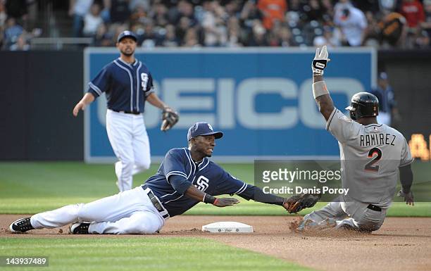 Orlando Hudson of the San Diego Padres tags out Hanley Ramirez of the Miami Marlins as he tries to stretch a single into a double during the first...