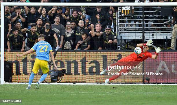 John McCarthy of Los Angeles FC saves the penalty kick of Kai Wagner of the Philadelphia Union during the MLS Cup Final game between Philadelphia...