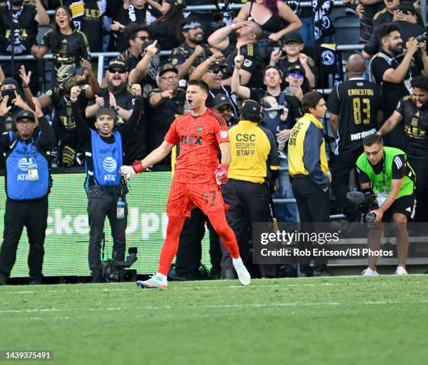 John McCarthy of Los Angeles celebrates after saving a penalty kick during the MLS Cup Final game between Philadelphia Union and Los Angeles FC at...