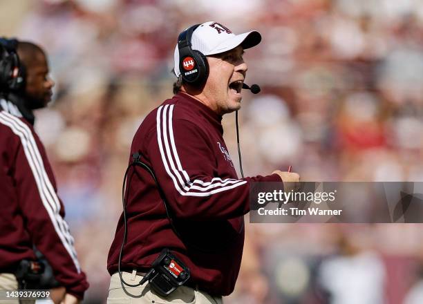 Head coach Jimbo Fisher of the Texas A&M Aggies reacts in the second half against the Florida Gators at Kyle Field on November 05, 2022 in College...