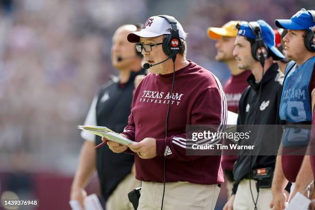 Head coach Jimbo Fisher of the Texas A&M Aggies reacts in the first half against the Florida Gators at Kyle Field on November 05, 2022 in College...