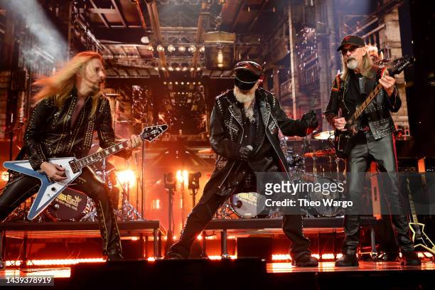 Inductees Richie Faulkner, Rob Halford and Glenn Tipton of Judas Priest perform onstage the 37th Annual Rock & Roll Hall of Fame Induction Ceremony...