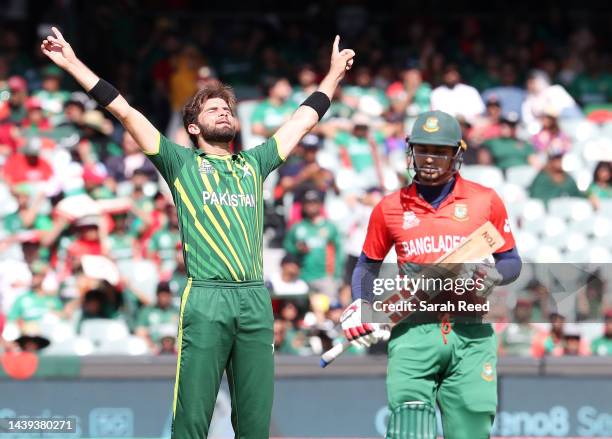 Shaheen Shah Afridi of Pakistan celebrates the wicket of Quazi Nurul Hasan Sohan of Bangladesh for a duck. Caught by Muhammad Haris during the ICC...