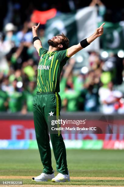 Shaheen Afridi of Pakistan celebrates after taking the wicket of Mosaddek Hossain of Bangladesh during the ICC Men's T20 World Cup match between...