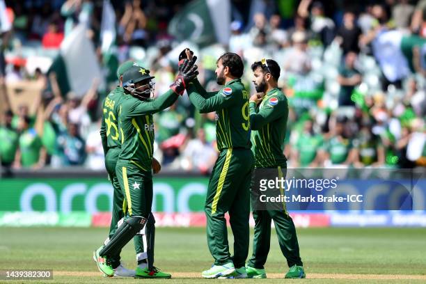 Iftikhar Ahmed of Pakistan celebrates after taking the wicket of Najmul Hossain Shanto of Bangladesh during the ICC Men's T20 World Cup match between...