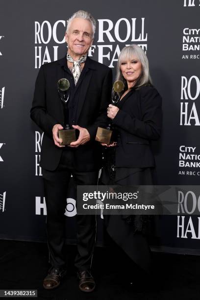 Neil Giraldo and Pat Benatar pose in the press room during the 37th Annual Rock & Roll Hall of Fame Induction Ceremony at Microsoft Theater on...