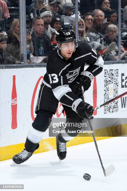 Gabriel Vilardi of the Los Angeles Kings skates with the puck during the third period against the Florida Panthers at Crypto.com Arena on November 5,...