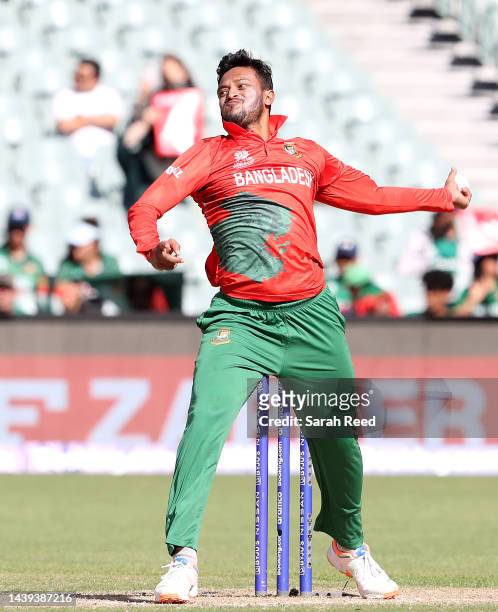 Shakib Al Hasan of Bangladesh during the ICC Men's T20 World Cup match between Pakistan and Bangladesh at Adelaide Oval on November 06, 2022 in...