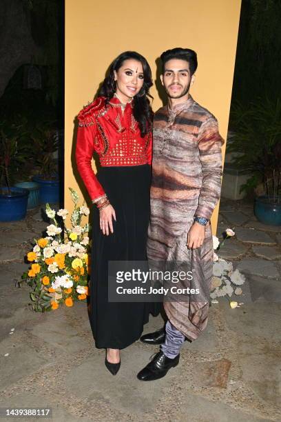 Emily Shah and Mena Massoud arrive for the Nokkam X Dharma Gin Diwali Celebration at Private Residence on November 05, 2022 in Los Angeles,...