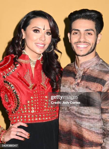 Emily Shah and Mena Massoud arrive for the Nokkam X Dharma Gin Diwali Celebration at Private Residence on November 05, 2022 in Los Angeles,...