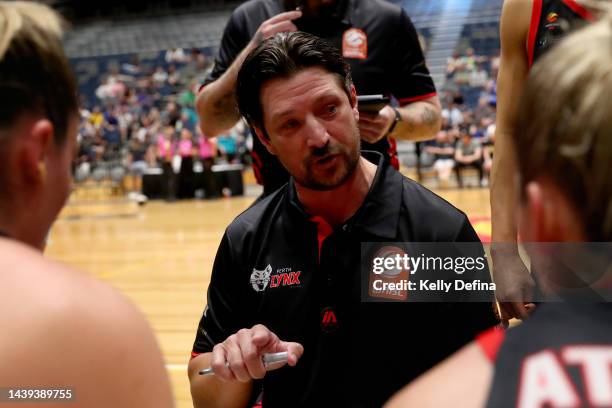 Ryan Petrik, Coach of the Lynx speaks to players during the round one WNBL match between Bendigo Spirit and Perth Lynx at Red Energy Arena, on...
