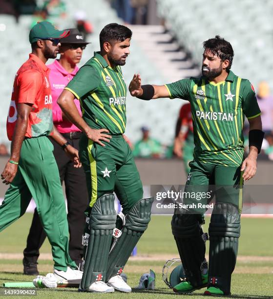 Babar Azam of Pakistan and Mohammad Rizwan of Pakistan during drinks break during the ICC Men's T20 World Cup match between Pakistan and Bangladesh...