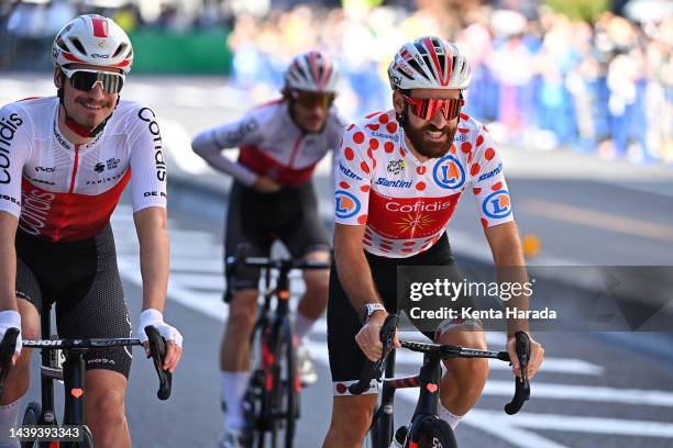 Tom Bohli of Switzerland and Simon Geschke of Germany and Team Cofidis - Polka Dot Mountain Jersey prior to the 8th Tour de France Saitama Criterium...