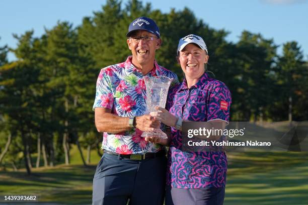 Gemma Dryburgh of Scotland poses with her caddie after winning the tournament following the final round of the TOTO Japan Classic at Seta Golf Course...