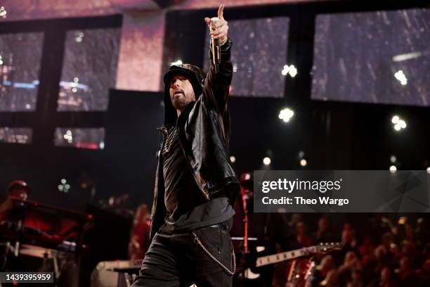 Eminem performs onstage during the 37th Annual Rock & Roll Hall of Fame Induction Ceremony at Microsoft Theater on November 05, 2022 in Los Angeles,...