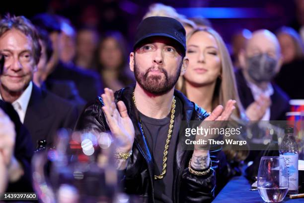 Inductee Eminem attends the 37th Annual Rock & Roll Hall of Fame Induction Ceremony at Microsoft Theater on November 05, 2022 in Los Angeles,...