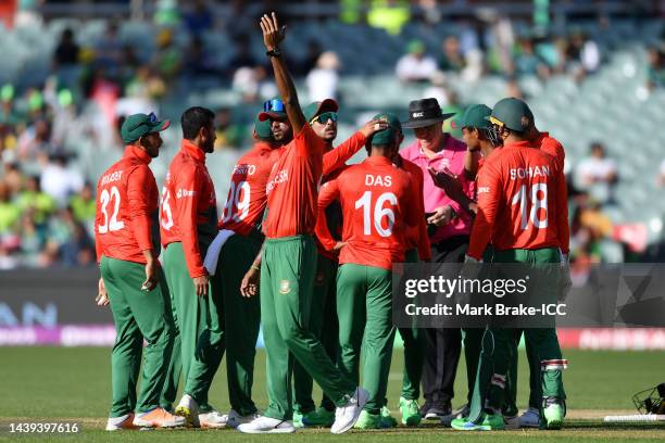 Litton Das of Bangladesh celebrates after taking the wicket of Mohammad Nawaz of Pakistan during the ICC Men's T20 World Cup match between Pakistan...