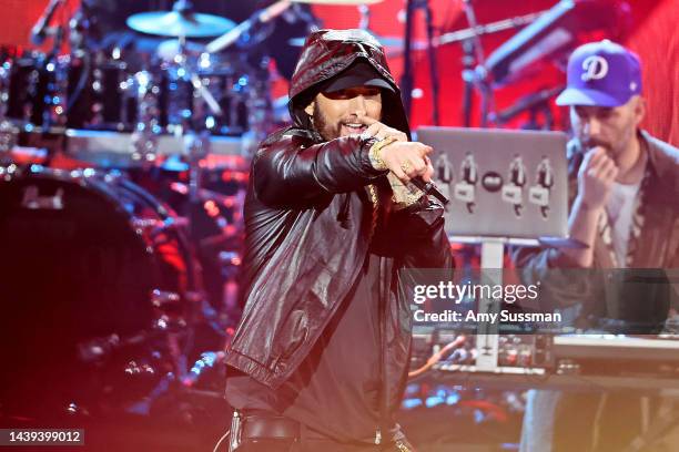 Eminem performs onstage during the 37th Annual Rock & Roll Hall of Fame Induction Ceremony at Microsoft Theater on November 05, 2022 in Los Angeles,...