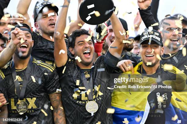 Carlos Vela of Los Angeles FC raises the MLS Cup after Los Angeles won the MLS Cup Final game between Philadelphia Union and Los Angeles FC at Banc...