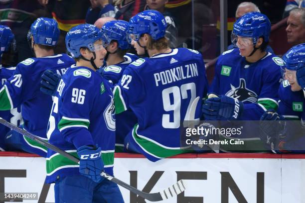 Andrei Kuzmenko of the Vancouver Canucks is congratulated at the players bench after scoring a goal during the third period of their NHL game against...