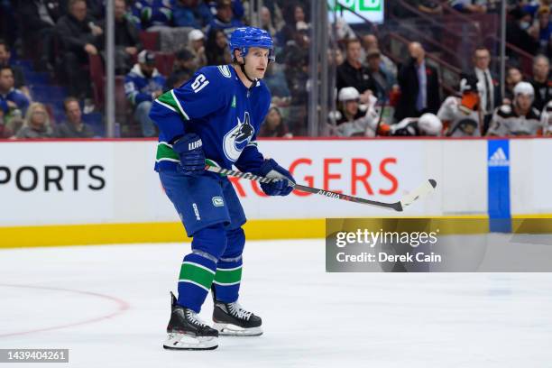 Riley Stillman of the Vancouver Canucks skates up ice during the second period of their NHL game against the Anaheim Ducks at Rogers Arena on...