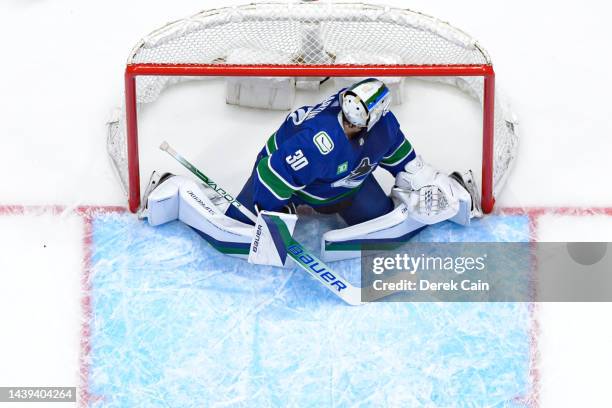 Spencer Martin of the Vancouver Canucks in net during the first period of their NHL game against the Anaheim Ducks at Rogers Arena on November 3,...