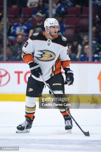 Dmitry Kulikov of the Anaheim Ducks skates up ice during the first period of their NHL game against the Vancouver Canucks at Rogers Arena on November...
