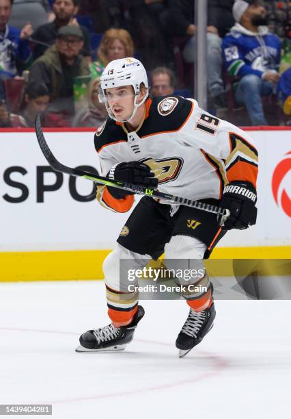 Troy Terry of the Anaheim Ducks skates up ice during the second period of their NHL game against the Vancouver Canucks at Rogers Arena on November 3,...