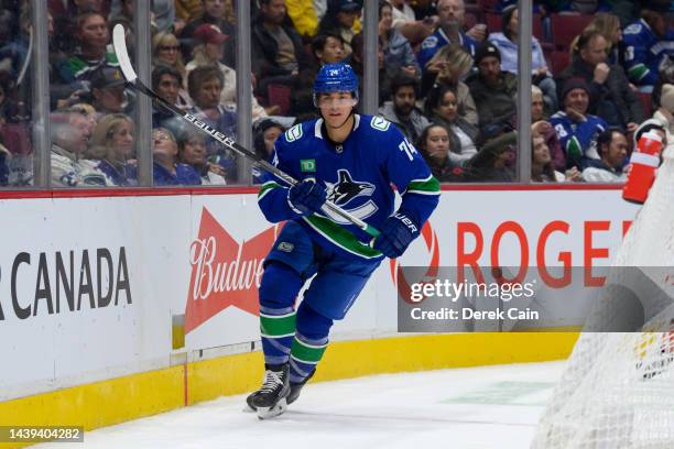 Ethan Bear of the Vancouver Canucks skates up ice during the second period of their NHL game against the Anaheim Ducks at Rogers Arena on November 3,...