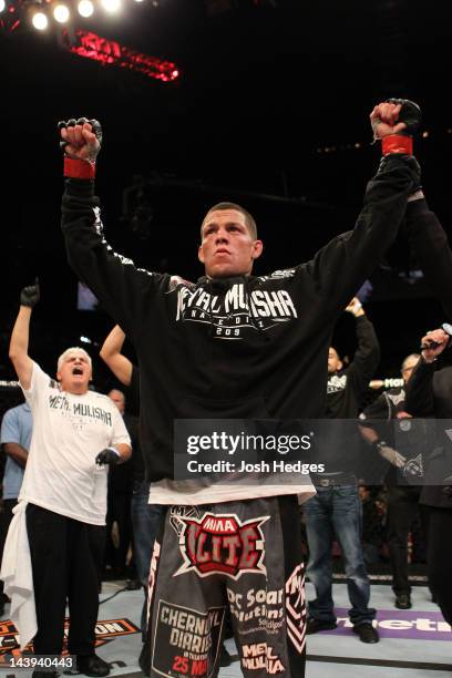 Nate Diaz celebrates after defeating Jim Miller in their Lightweight bout at Izod Center on May 5, 2012 in East Rutherford, New Jersey.
