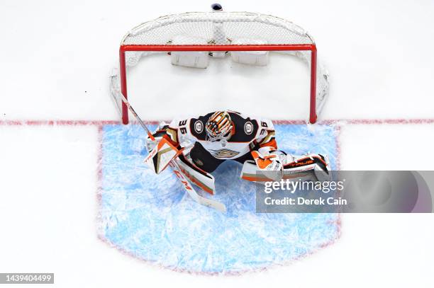 John Gibson of the Anaheim Ducks in net during the second period of their NHL game against the Vancouver Canucks at Rogers Arena on November 3, 2022...