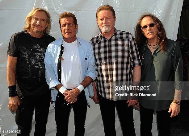 Joe Walsh, Glenn Frey, Don Henley and Timothy B. Schmit of the Eagles backstage during the 2012 New Orleans Jazz & Heritage Festival - Day 6 at the...