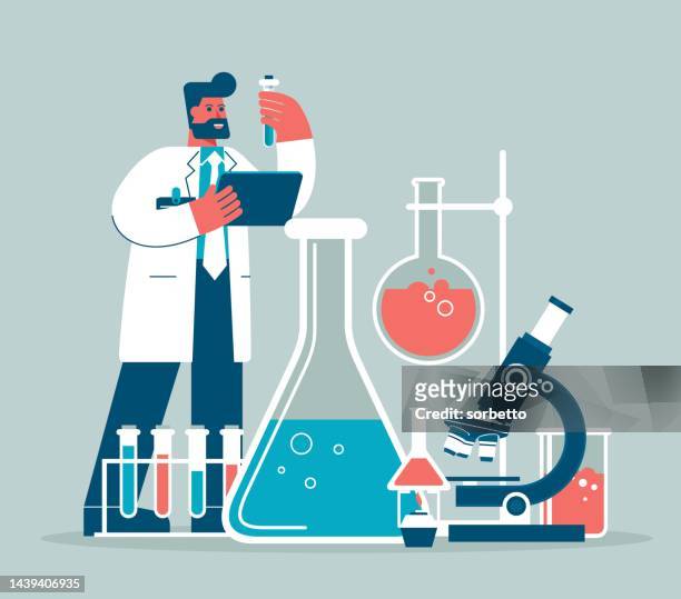 scientist or chemist team - boiling flask stock illustrations