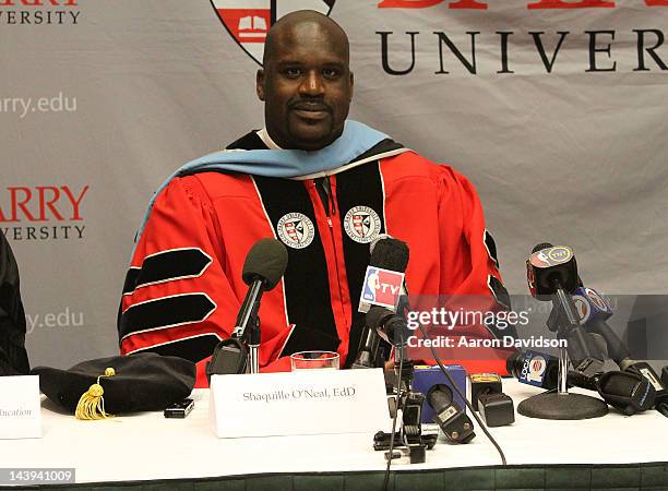 Shaquille O'Neal receives his doctoral degree in education from Barry University at James L. Knight Center on May 5, 2012 in Miami, Florida.