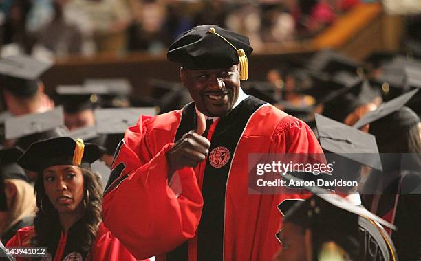 Shaquille O'Neal receives his doctoral degree in education from Barry University at James L. Knight Center on May 5, 2012 in Miami, Florida.