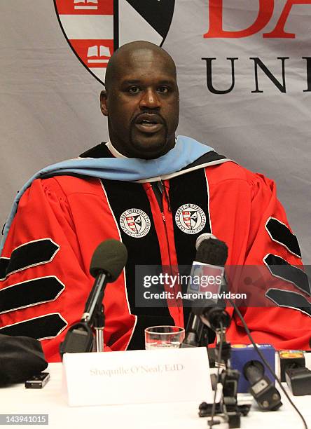 Shaquille O'Neal receives his doctoral degree in education from Barry University at James L. Knight Center on May 5, 2012 in Miami, Florida.