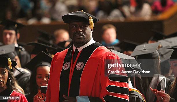 Shaquille O'Neal receives his doctoral degree in education from Barry University at James L. Knight Center on May 5, 2012 in Miami, Florida.