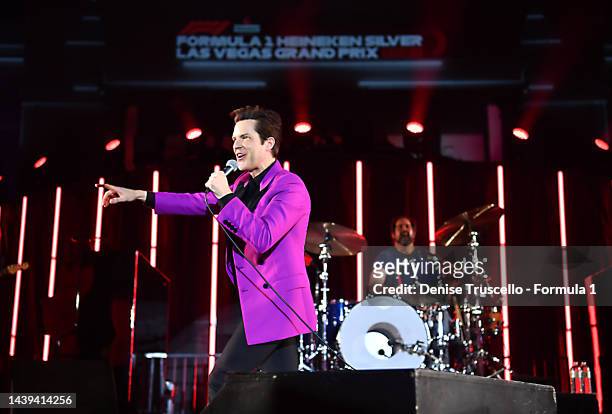 Singer Brandon Flowers and drummer Ronnie Vannucci Jr. Of The Killers perform during the Formula 1 Las Vegas Grand Prix 2023 launch party on November...