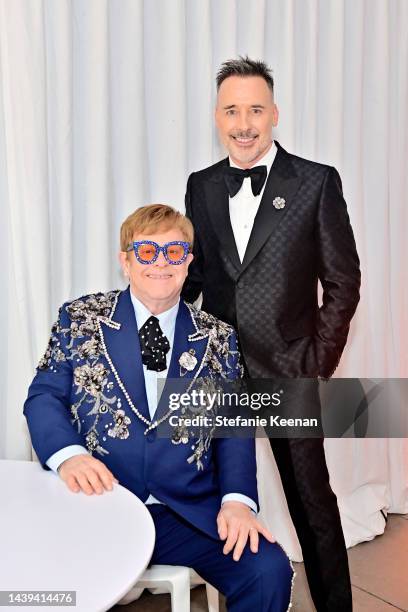 Elton John and David Furnish, both wearing Gucci, attend the 2022 LACMA ART+FILM GALA Presented By Gucci at Los Angeles County Museum of Art on...