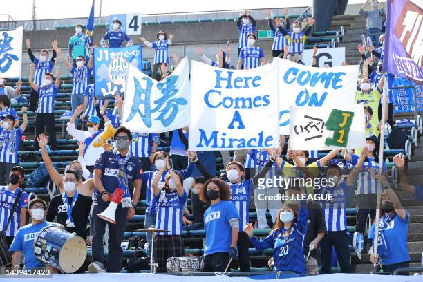 Montedio Yamagata supporters cheer in the stand prior to the J.LEAGUE J.LEAGUE J1/J2 Playoff second round between Roasso Kumamoto and Montedio...