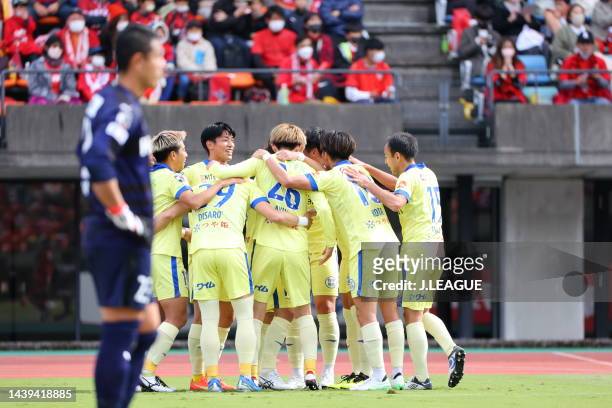 Shuto MINAMI of Montedio Yamagata celebrates scoring his side's second goal with his team mates during the J.LEAGUE J.LEAGUE J1/J2 Playoff second...
