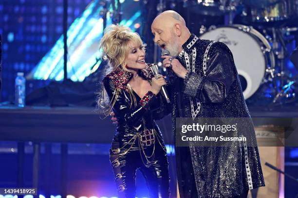 Dolly Parton and Rob Halford perform onstage during the 37th Annual Rock & Roll Hall of Fame Induction Ceremony at Microsoft Theater on November 05,...