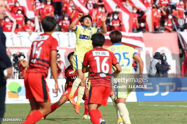 Riku HANDA of Montedio Yamagata in action during the J.LEAGUE J.LEAGUE J1/J2 Playoff second round between Roasso Kumamoto and Montedio Yamagata at...