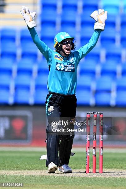 Georgia Redmayne of the Heat appeals during the Women's Big Bash League match between the Hobart Hurricanes and the Brisbane Heat at Blundstone...