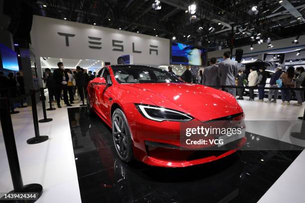 Tesla Model S vehicle is on display during the 5th China International Import Expo at the National Exhibition and Convention Center on November 5,...